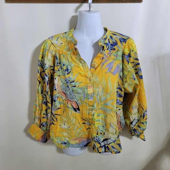 Anthropologie Maeve Puff-Sleeved Floral Butterfly Parrot Buttondown Shirt XS - Picture 1 of 11